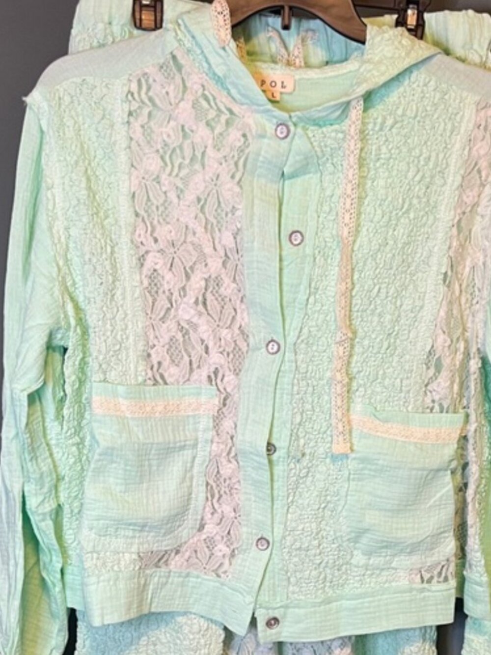 POL Mint Green Set Wide Leg Pants and Jacket with Lace Accents Size Small - Picture 6 of 12